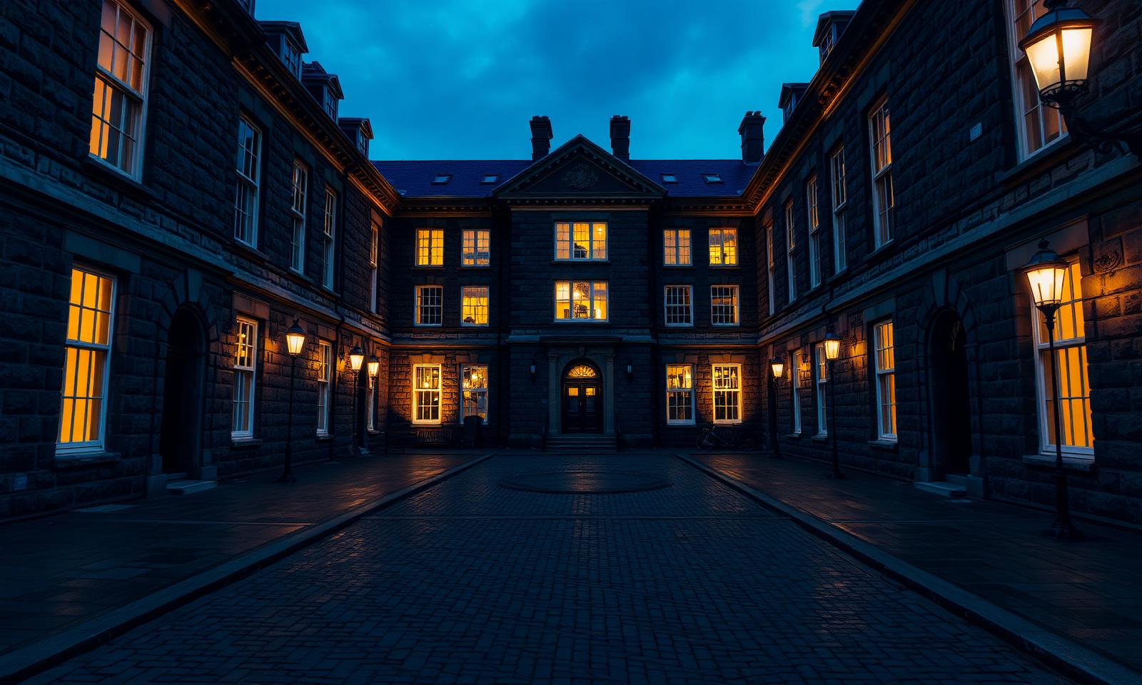 The academy courtyard at dusk
